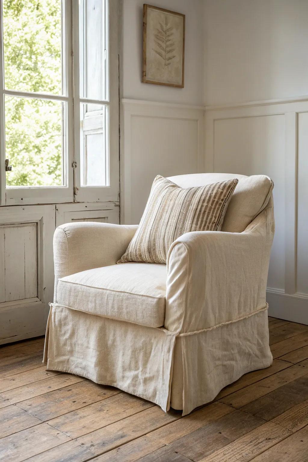 Cream slipcovered chair with a textured pillow—simple, soft, and cottage-farmhouse cozy.