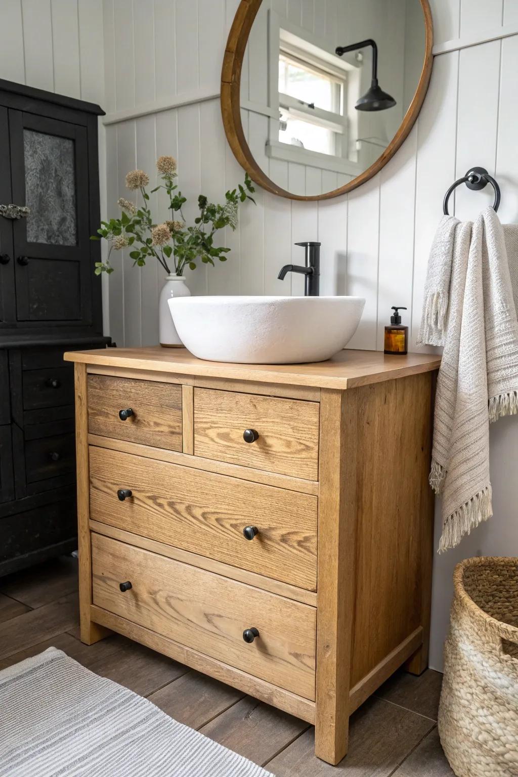 An inherited-look dresser vanity that brings cottagecore warmth to a bright, minimalist bath.