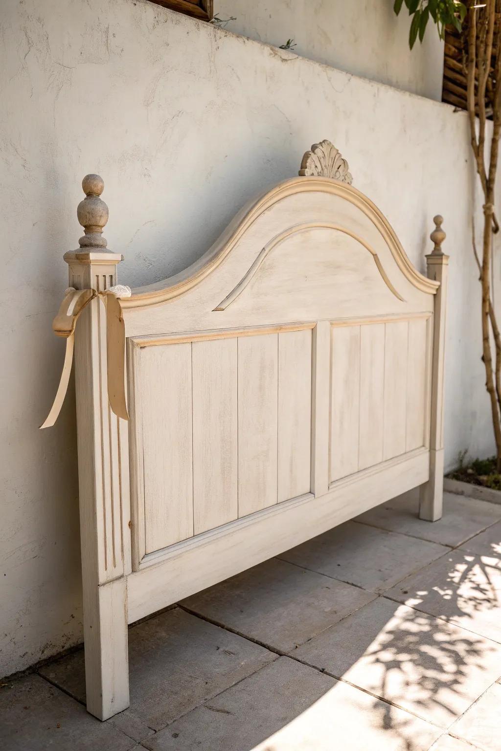 Vintage curved wood headboard, softly whitewashed for an airy cottagecore bedroom glow.