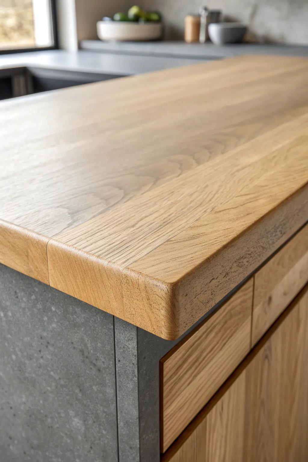 Half-bullnose edge: softly rounded top, crisp underside—beautiful and easy to wipe clean.