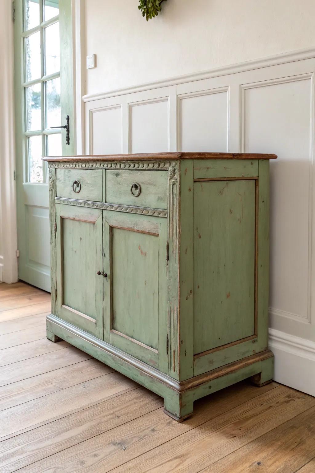 Soft sage green sideboard with rubbed-through edges—instant cottage charm with calm, vintage warmth.