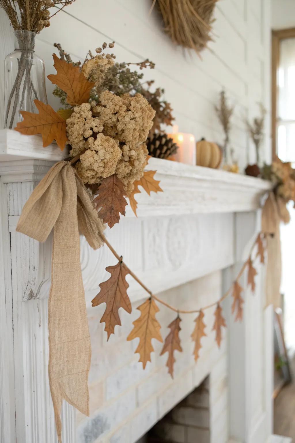 A simple dried-leaf garland with hydrangea adds soft, rustic fall charm to your mantel.