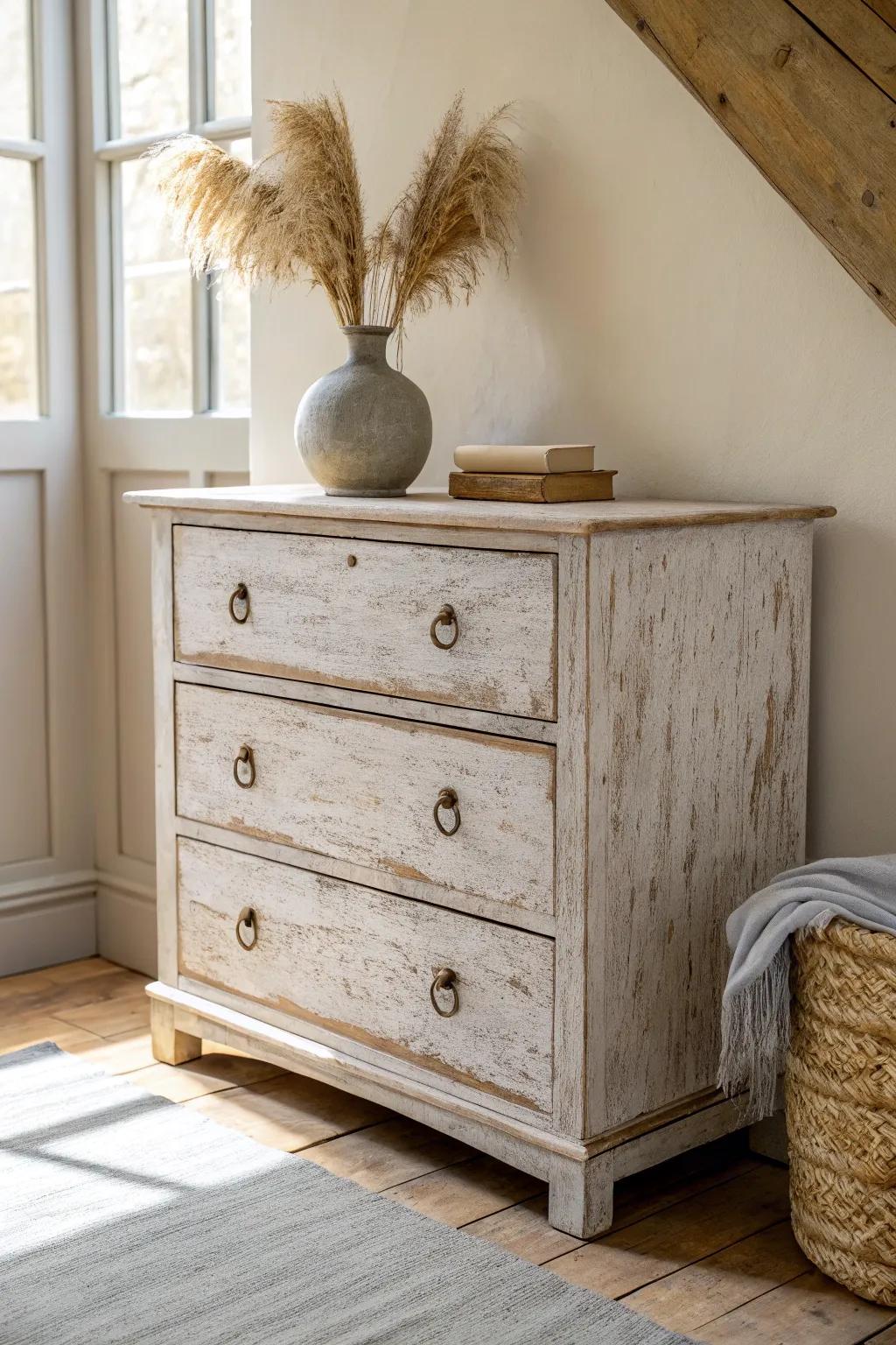 Distressed oak dresser warmth—mix old and new for effortless country charm.