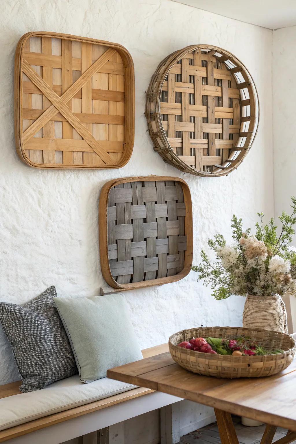 A textured tobacco basket wall cluster—mixed sizes and warm stains for country-cozy contrast.