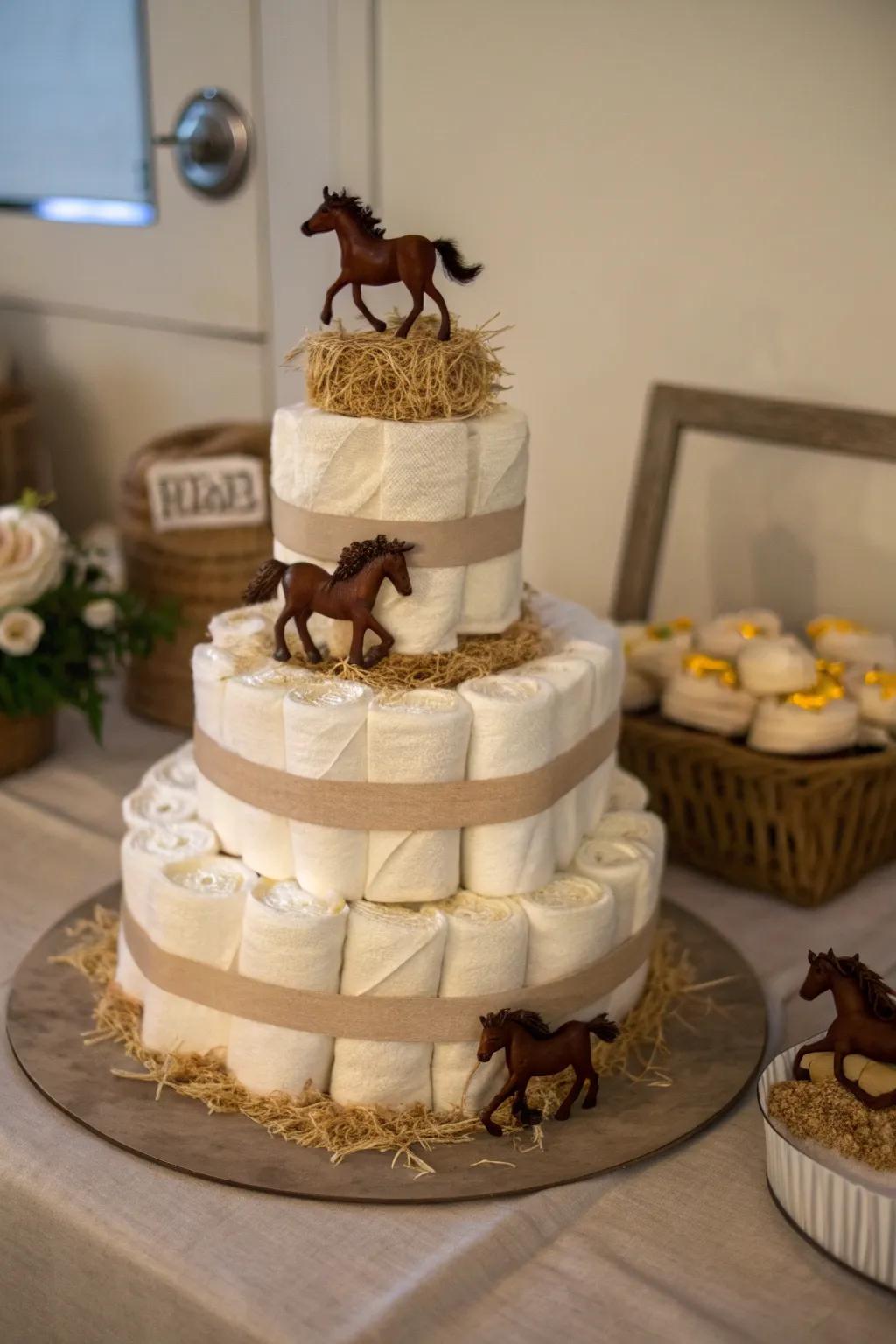 Galloping into Parenthood: Add a playful touch to your diaper cake with charming toy horses!