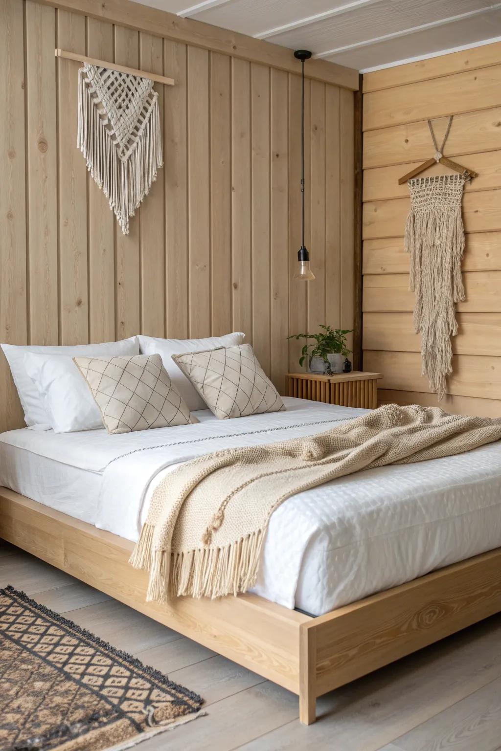 A matte wood plank accent wall frames the bed like art—instant warmth and cozy calm.