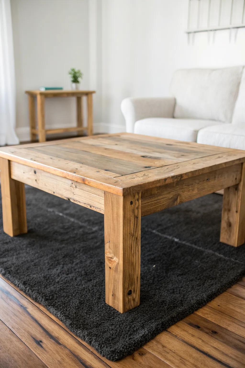 Handmade reclaimed-wood coffee table: clean lines, warm grain, instant cozy minimalism.