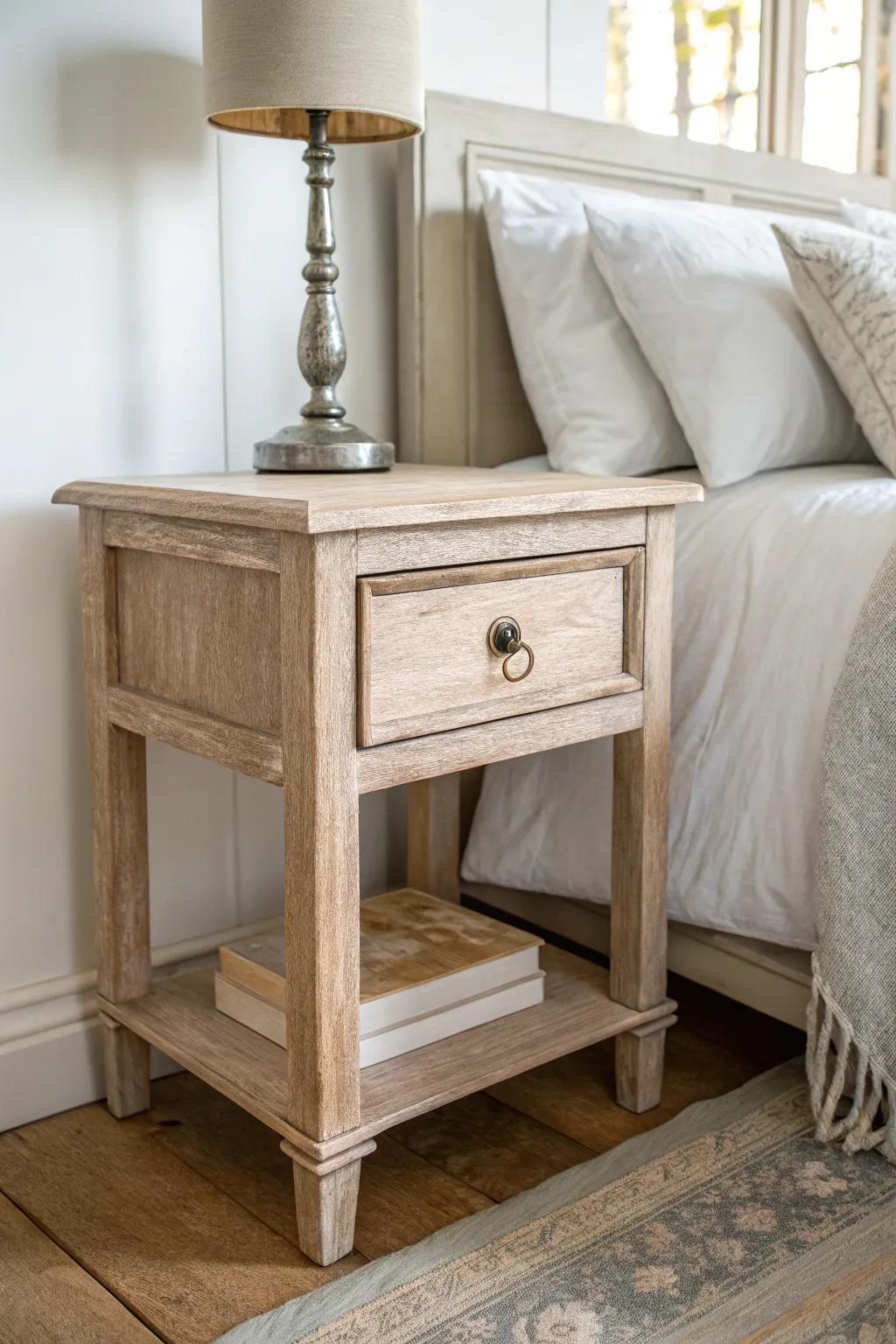 Distressed nightstand warmth—softly worn edges and vintage brass for cozy rustic charm.