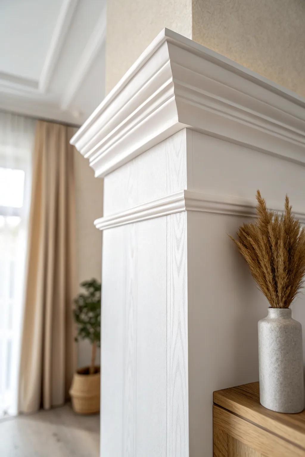 Stacked crown molding adds custom depth—simple layers, crisp shadow lines, high-end finish.