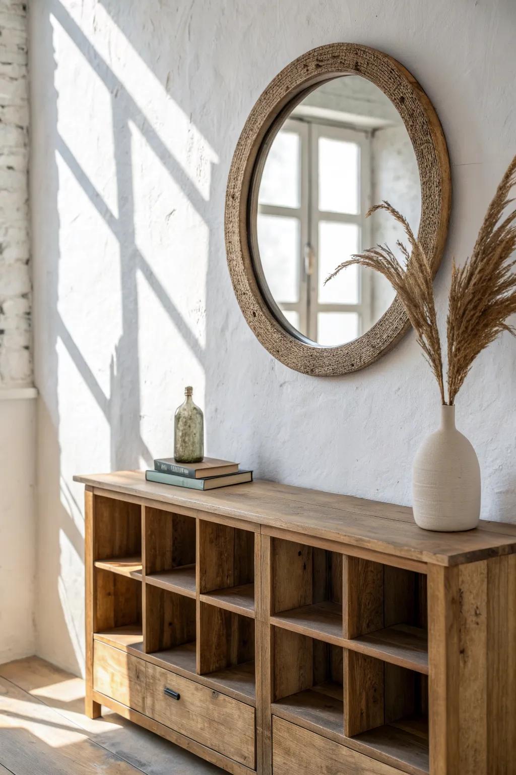 A weathered wood mirror above cubbies reflects light, adding warmth and an airy, finished look.