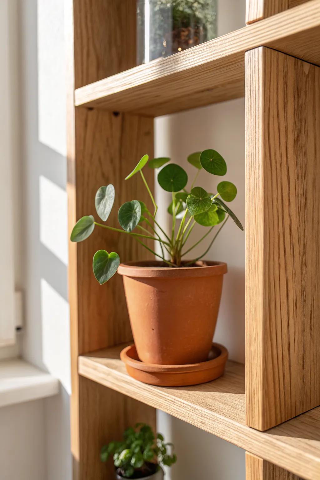 Mini potted greenery in a clay pot brings soft texture and life to warm wood cubbies.
