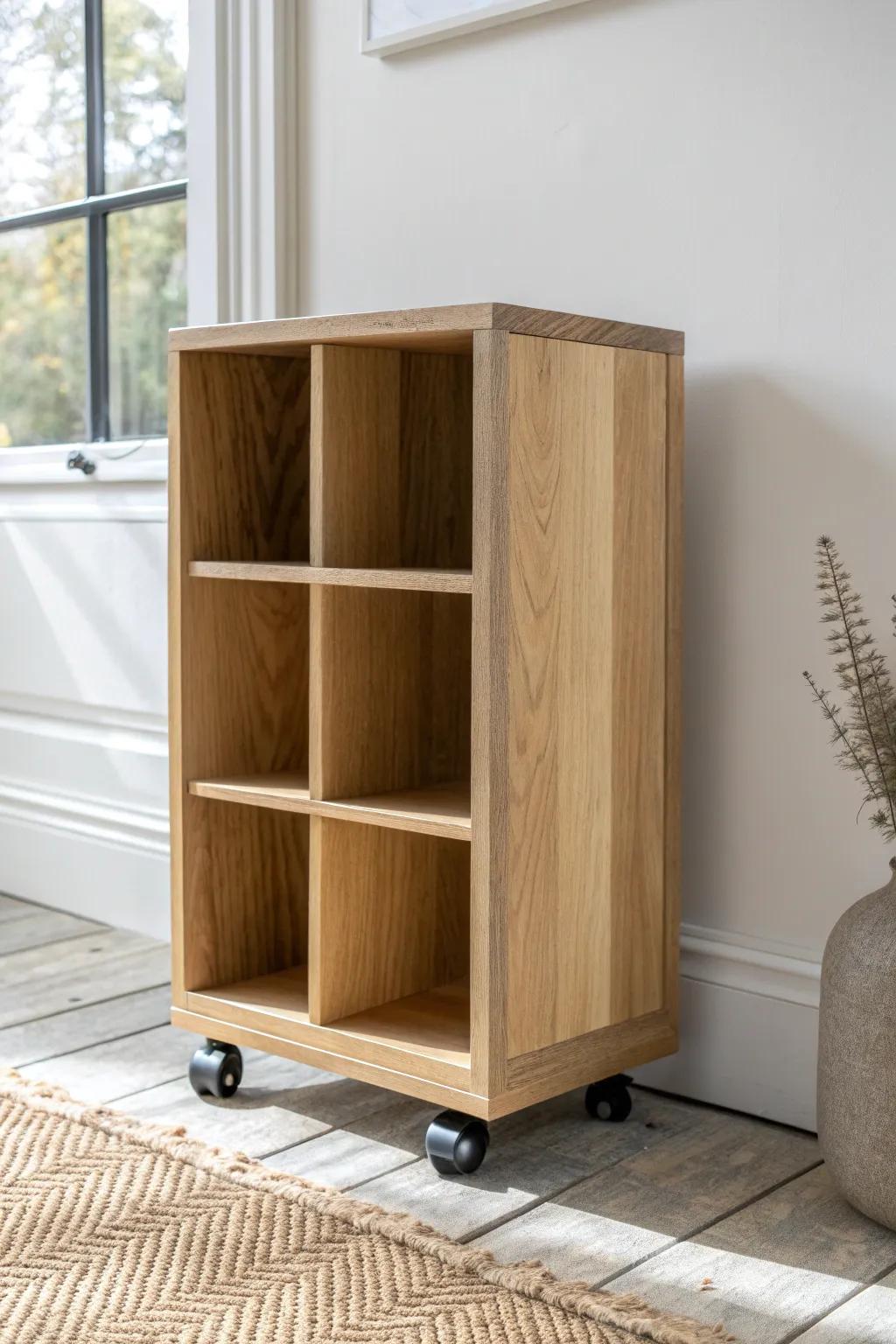 Minimalist cube shelf on locking casters—rollable storage that looks chic and stays put.