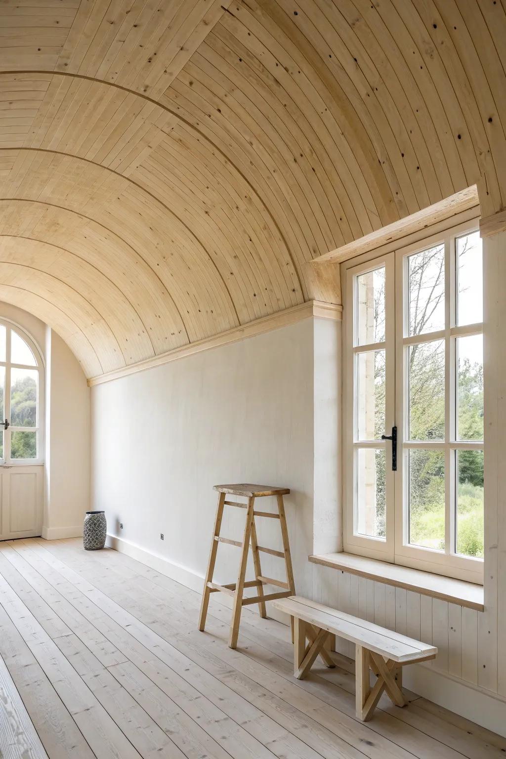 A seamless coved ceiling mockup—soft, modern, and gallery-smooth with a warm wood touch.