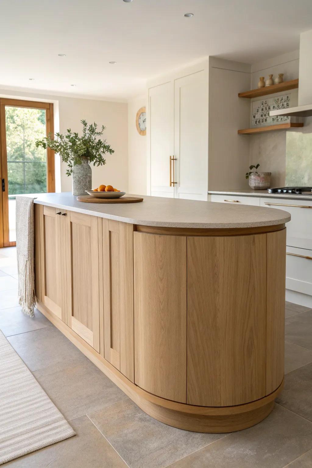 A curved waterfall edge turns this wood island into a calm, sculptural centerpiece.