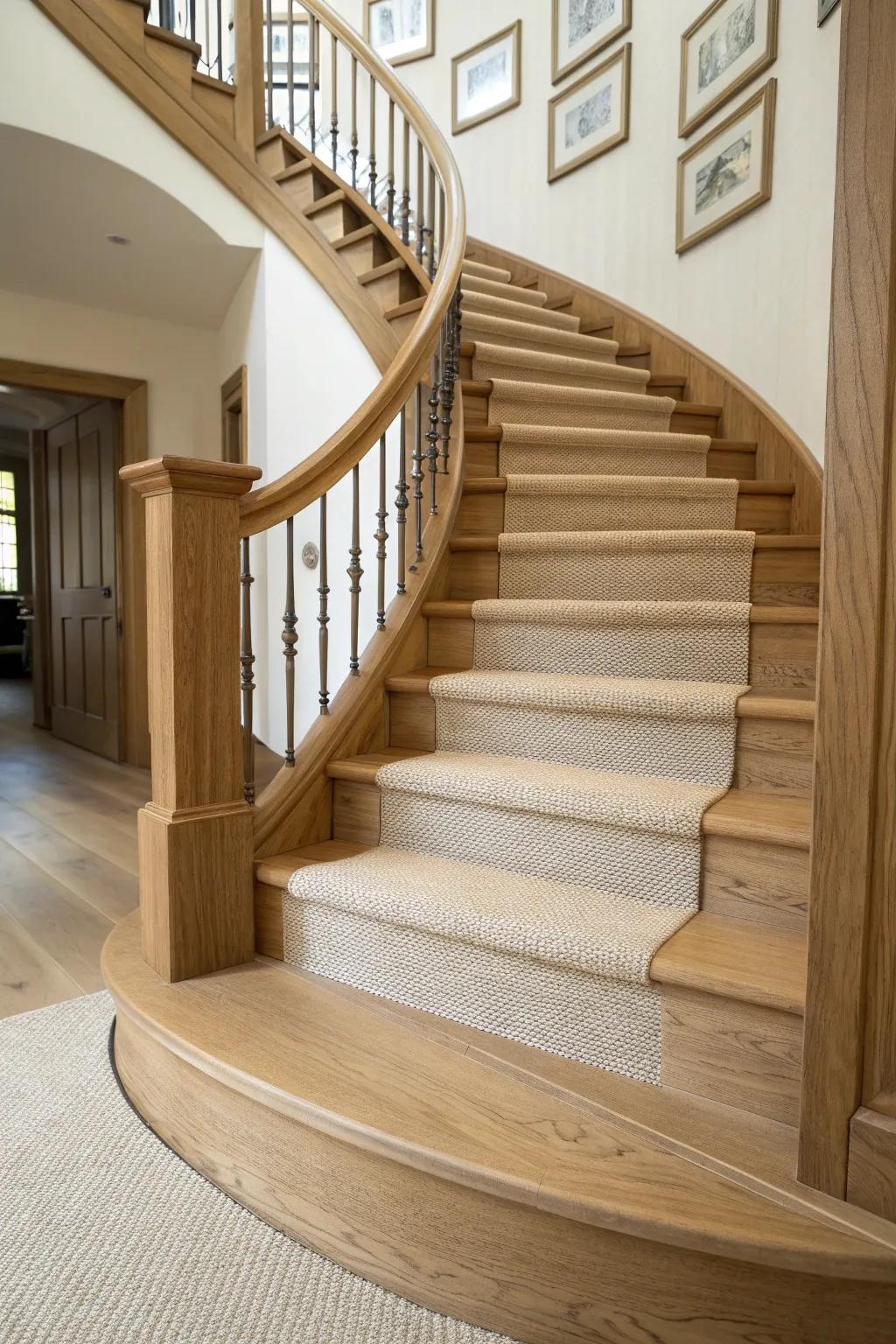 A centered wool runner turns a curved oak staircase into a quiet, perfectly guided arc.