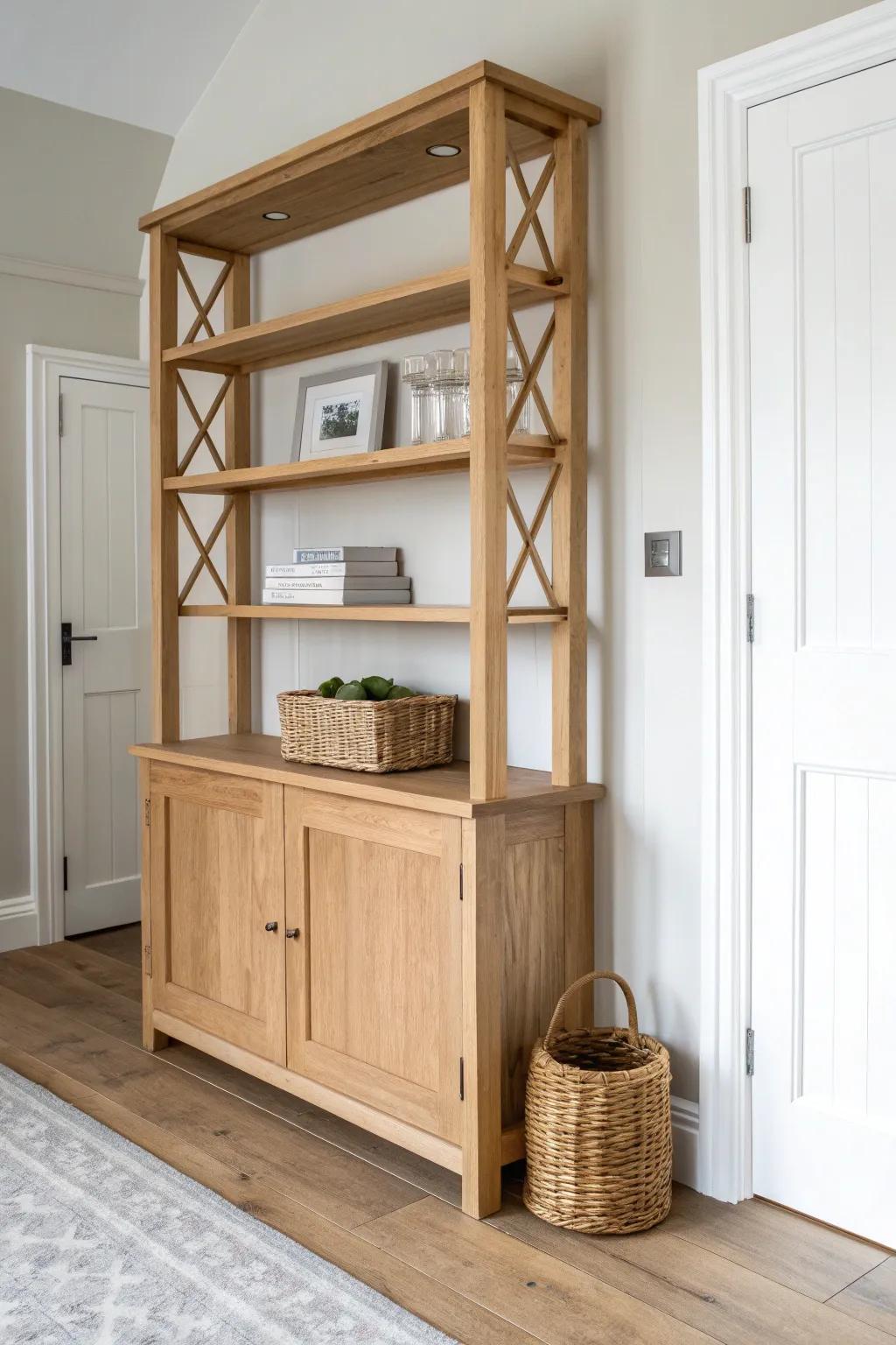 Up-and-over doorway shelving in light oak—turn dead space into airy, handcrafted storage.