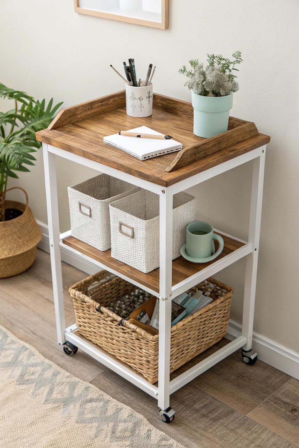 Rolling cart + reclaimed wood top for chic extra desk space—pretty on top, tidy bins below.
