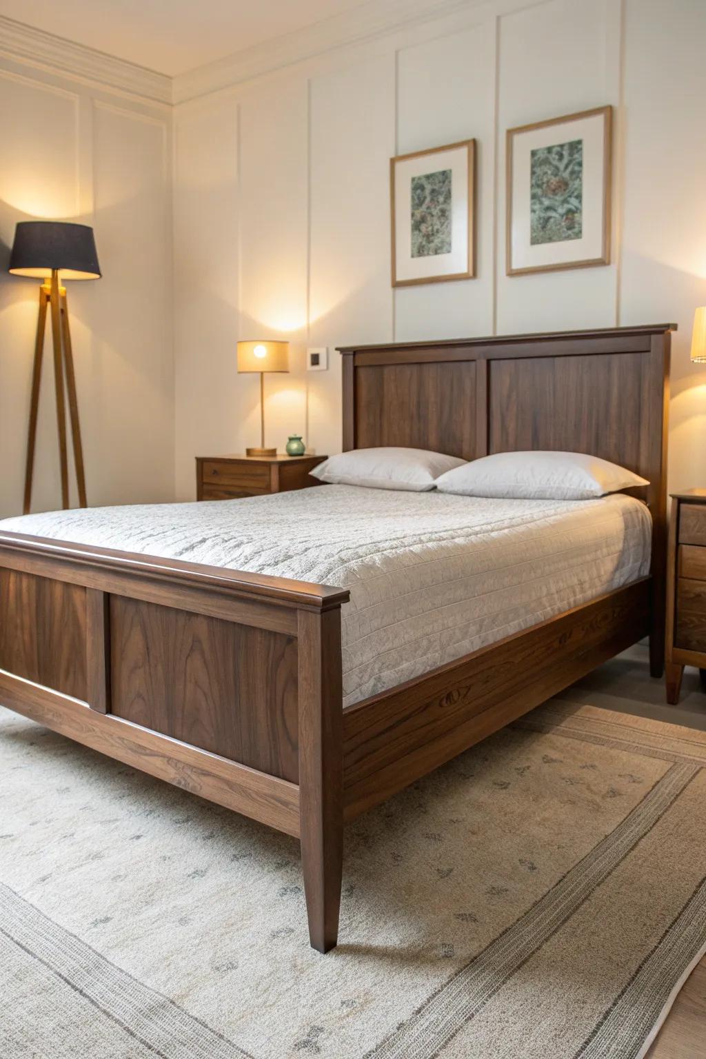 Dark walnut bed frame glowing between twin warm lamps—simple, cozy Scandinavian calm.