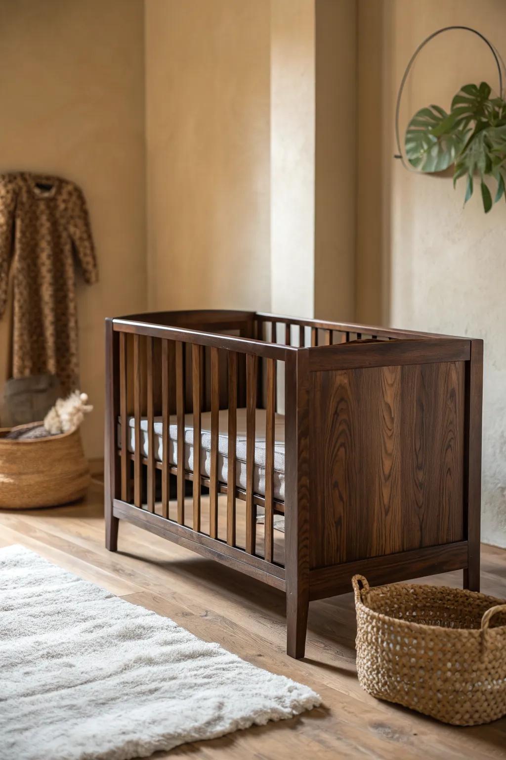 Dark brown crib meets warm beige walls—cozy, minimal, and softly contrasted for a calm nursery.