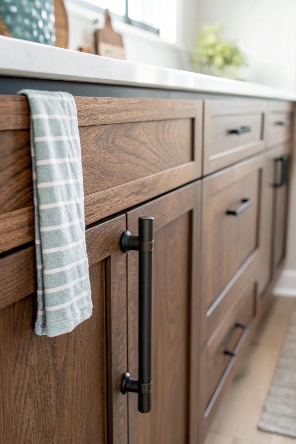 Matte black hardware melts into dark cabinets for a calm, sleek, modern kitchen look.