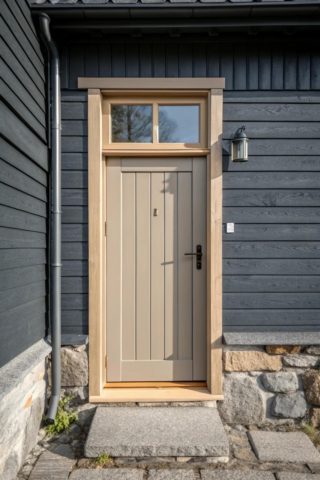 Soft greige on a dark gray exterior—warm, modern, and beautifully balanced in daylight.