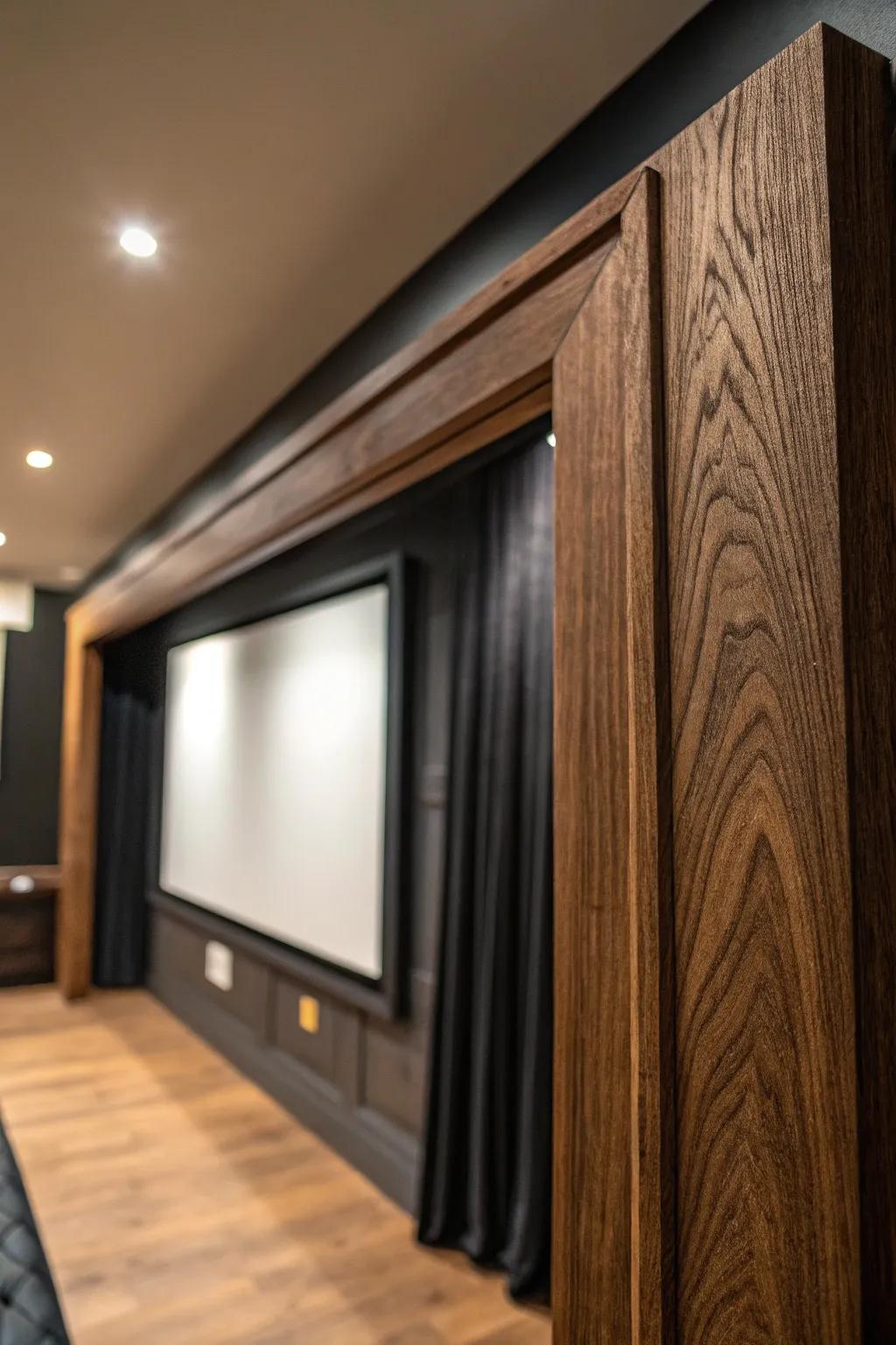 Handcrafted walnut screen frame + blackout curtains for a cozy, moody theater corner.