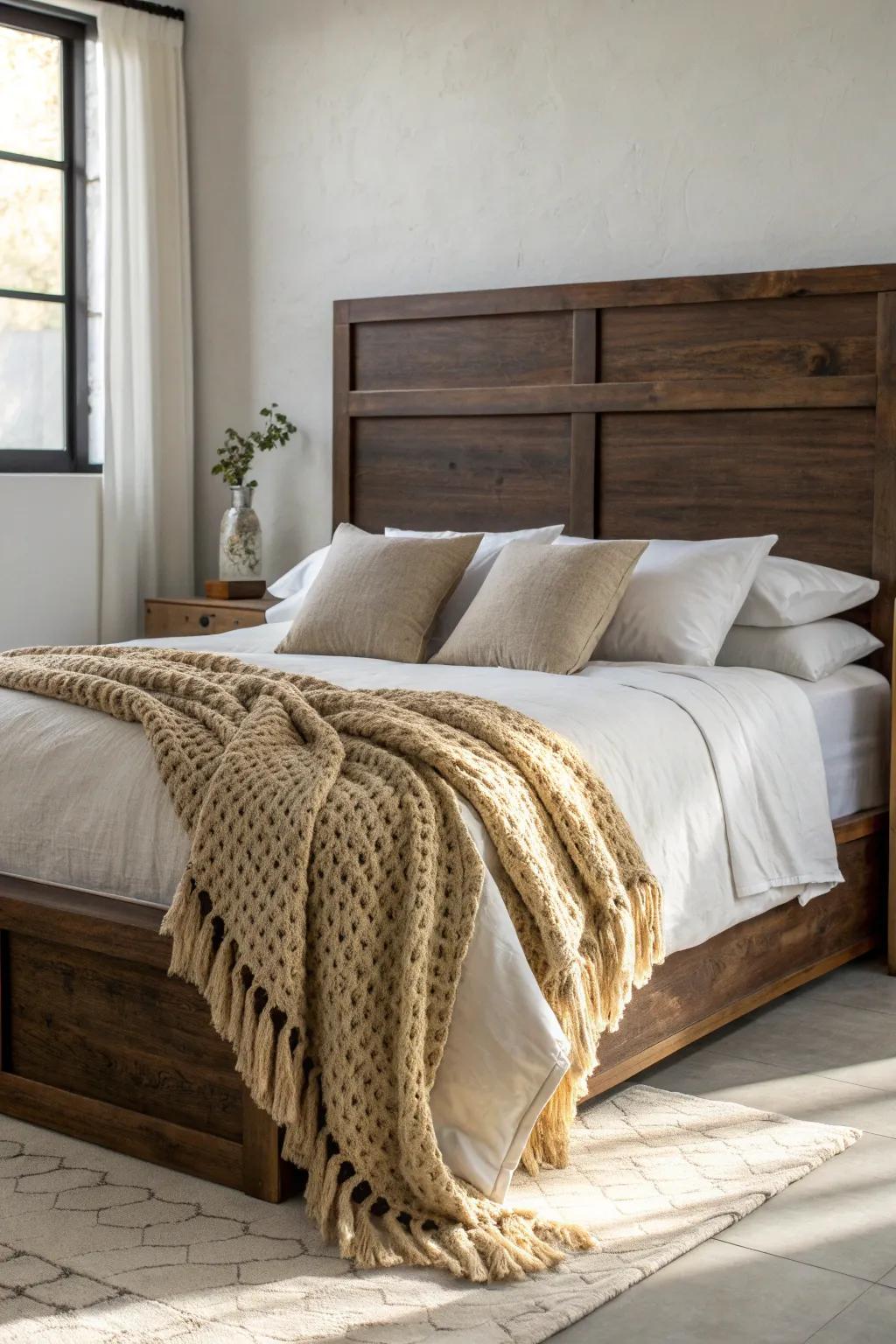 Dark wood headboard, softened with linen layers, a quilt, and a chunky knit throw.