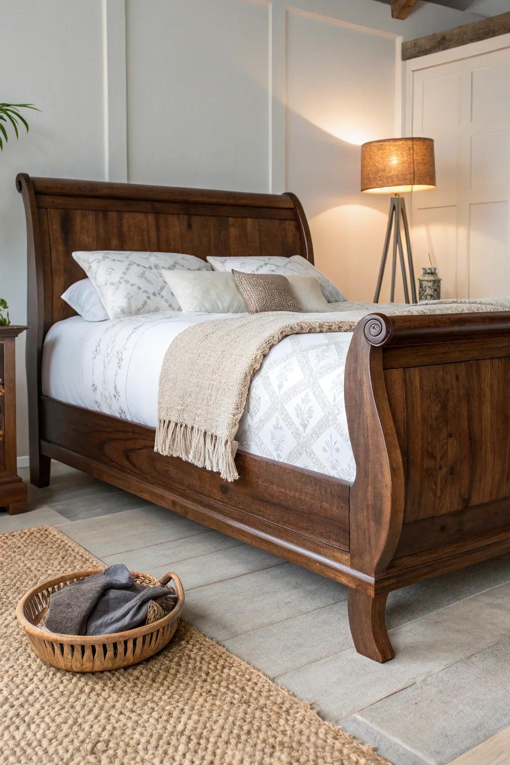 Warm linen-shade lighting makes a dark wood sleigh bed glow with richer, cozier grain.