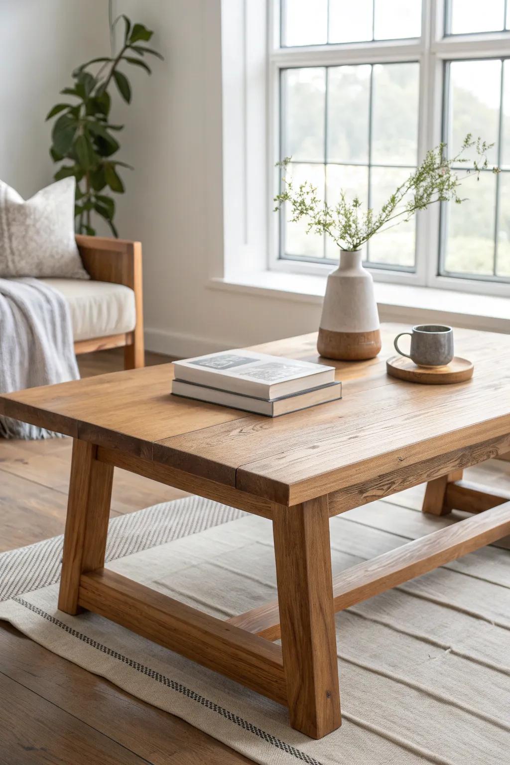 An oversized solid wood coffee table brings cozy, boots-up mountain living to the great room.