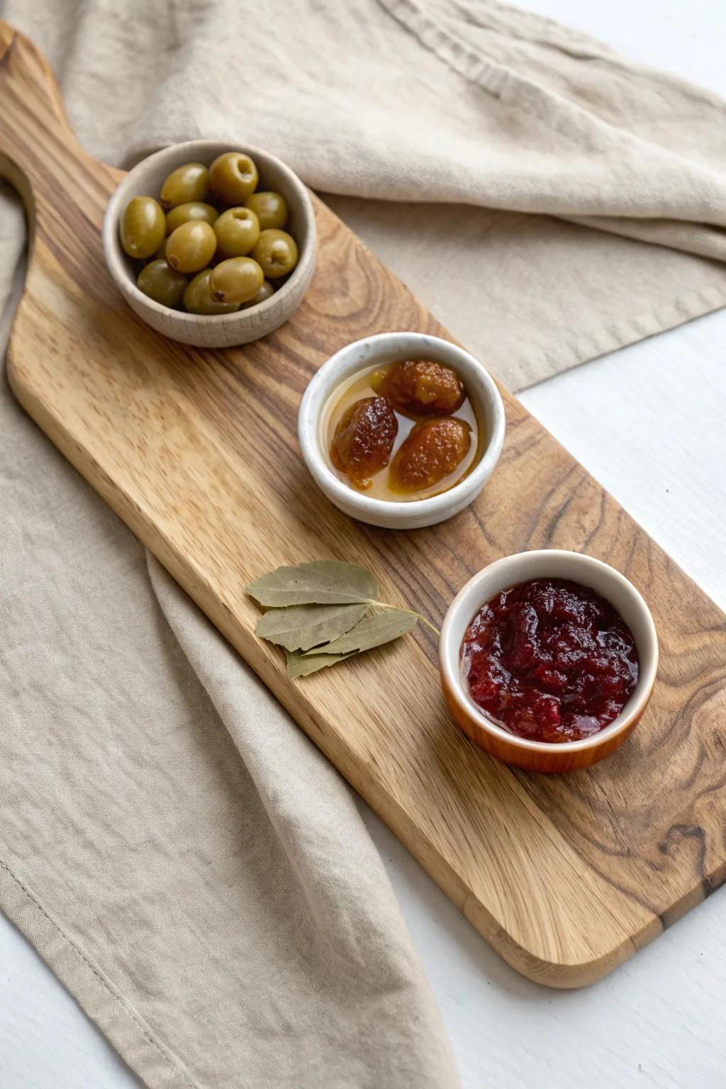 Little bowls first: olives, honey, and jam create effortless anchors and height on your board.