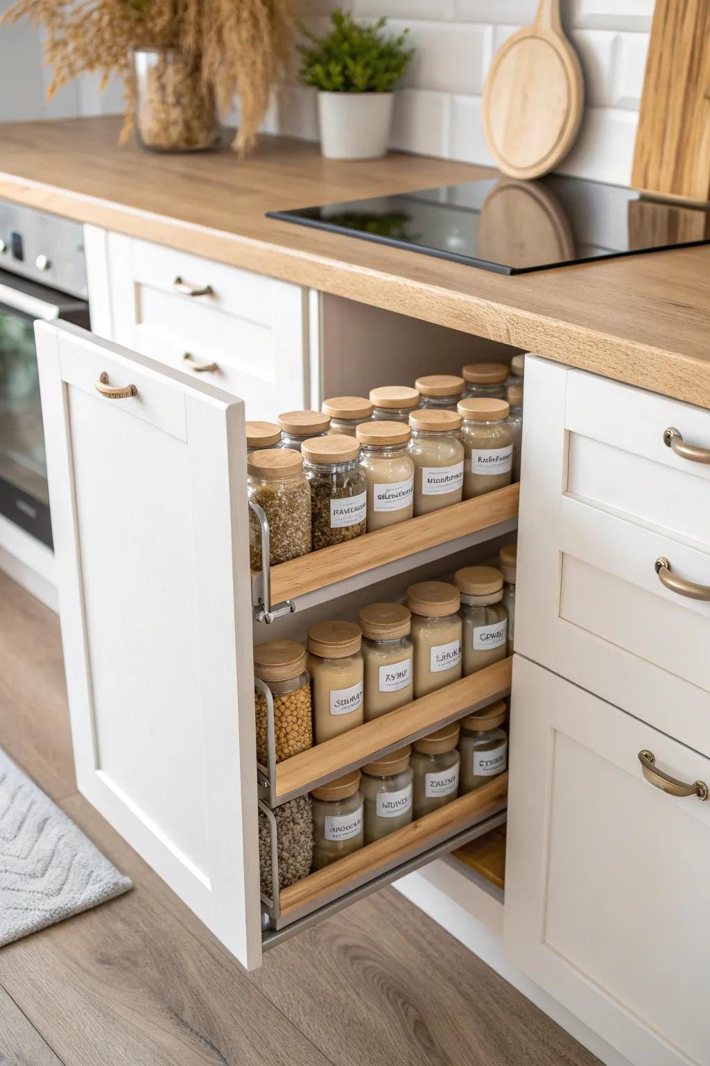 A sleek oak pull-out spice rack—uniform jars and a clean face frame for a custom look.