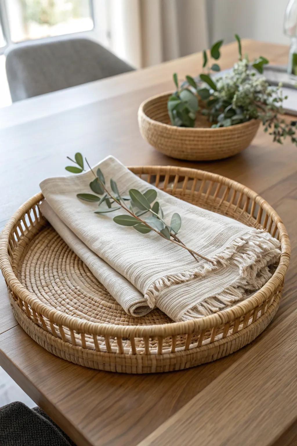 A woven rattan tray with linen and eucalyptus—an effortless, airy dining table centerpiece.