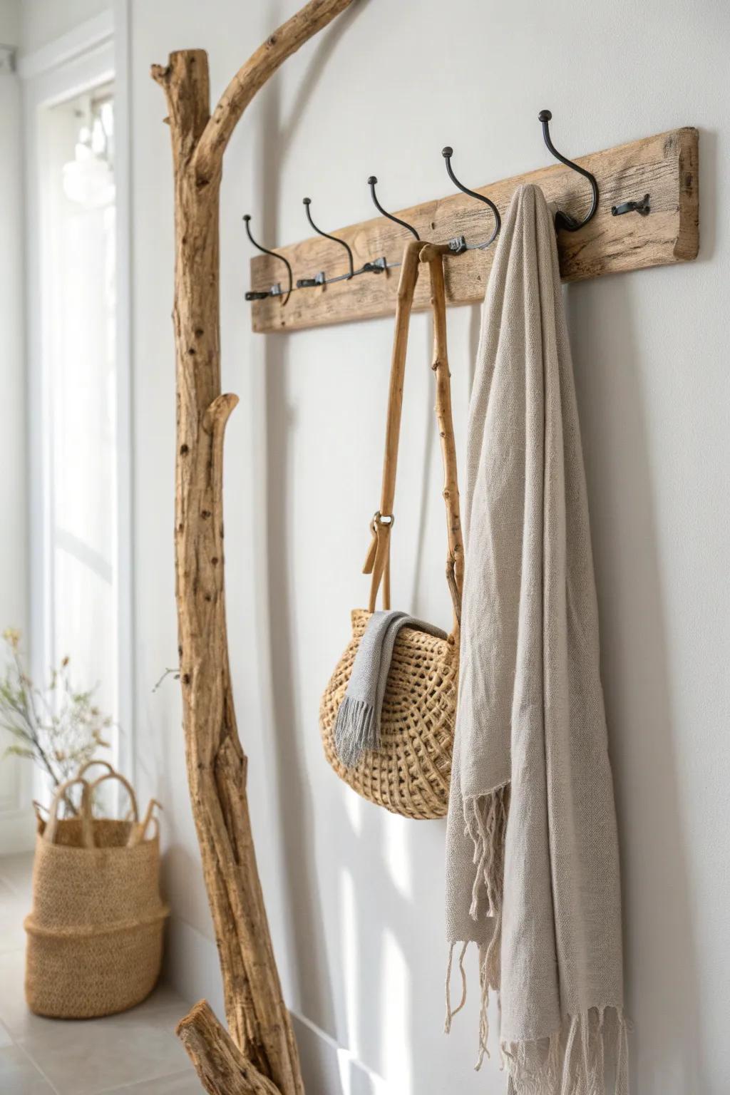 A natural branch coat rack—minimal, boho-soft, and perfect for scarves, bags, and charm.