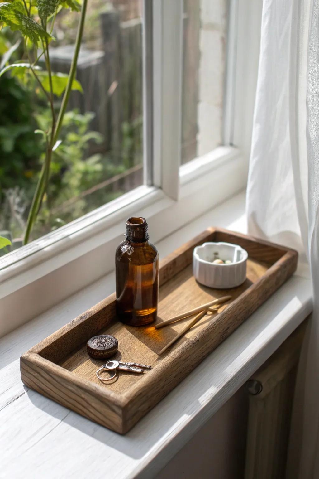 A reclaimed-wood tray turns a deep window sill into a calm, curated catch-all.