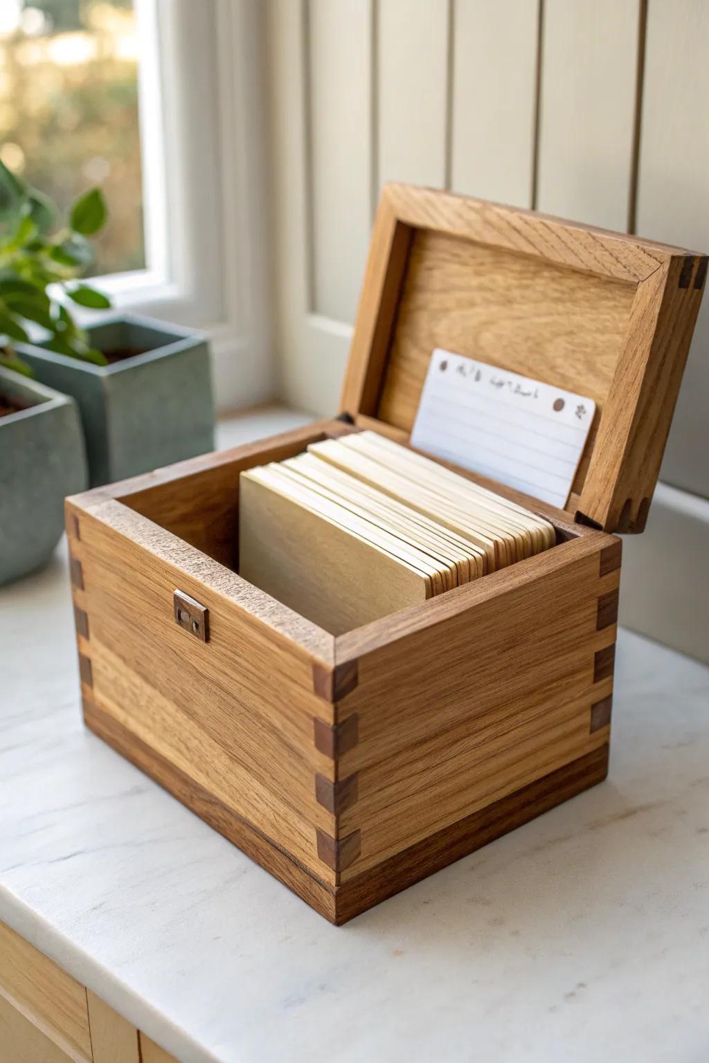 Handcrafted recipe card box with dividers—warm wood storage in a clean, minimal style.