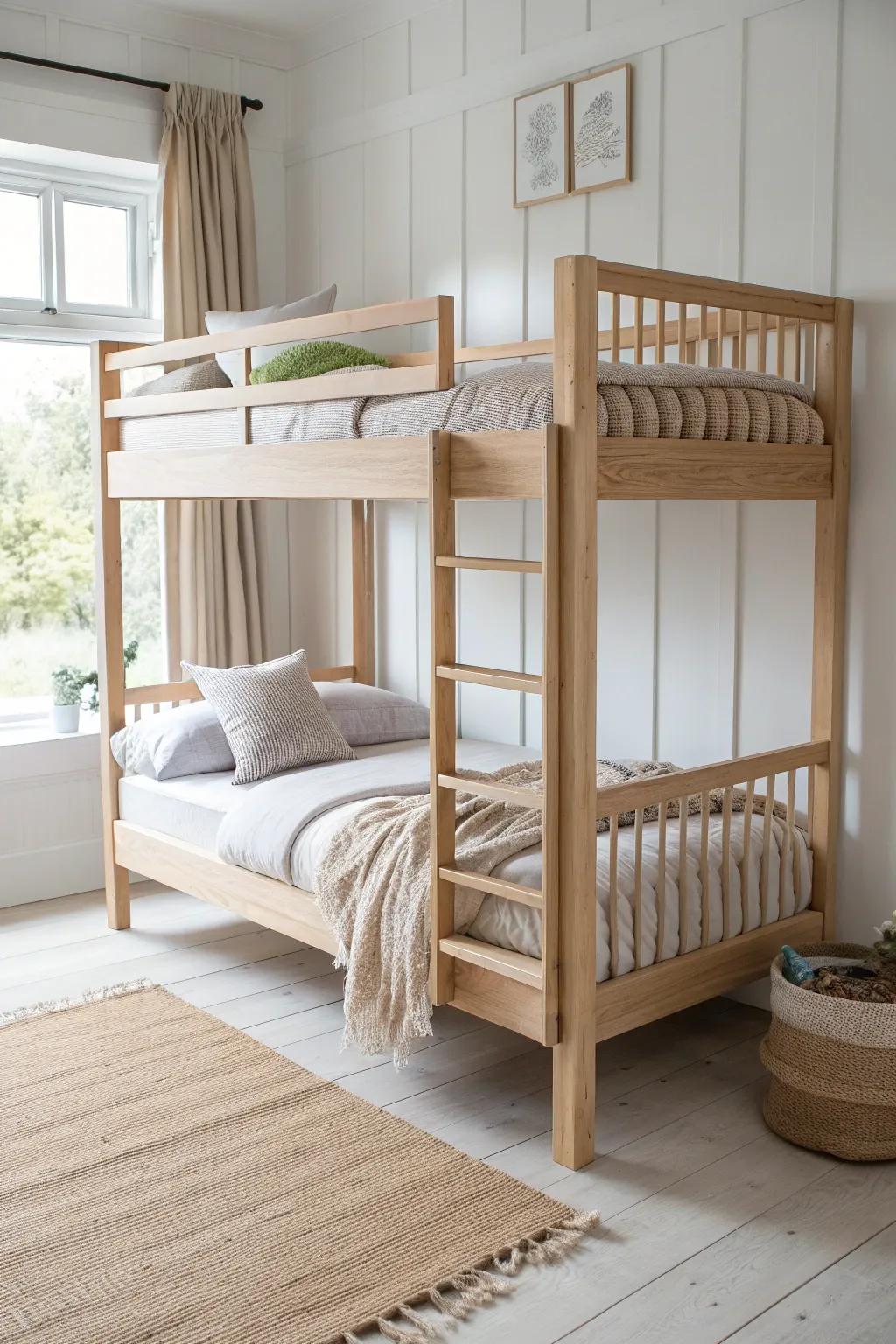 Light oak slat-rail bunk bed with hidden hardware—quiet Scandinavian design and warm grain.