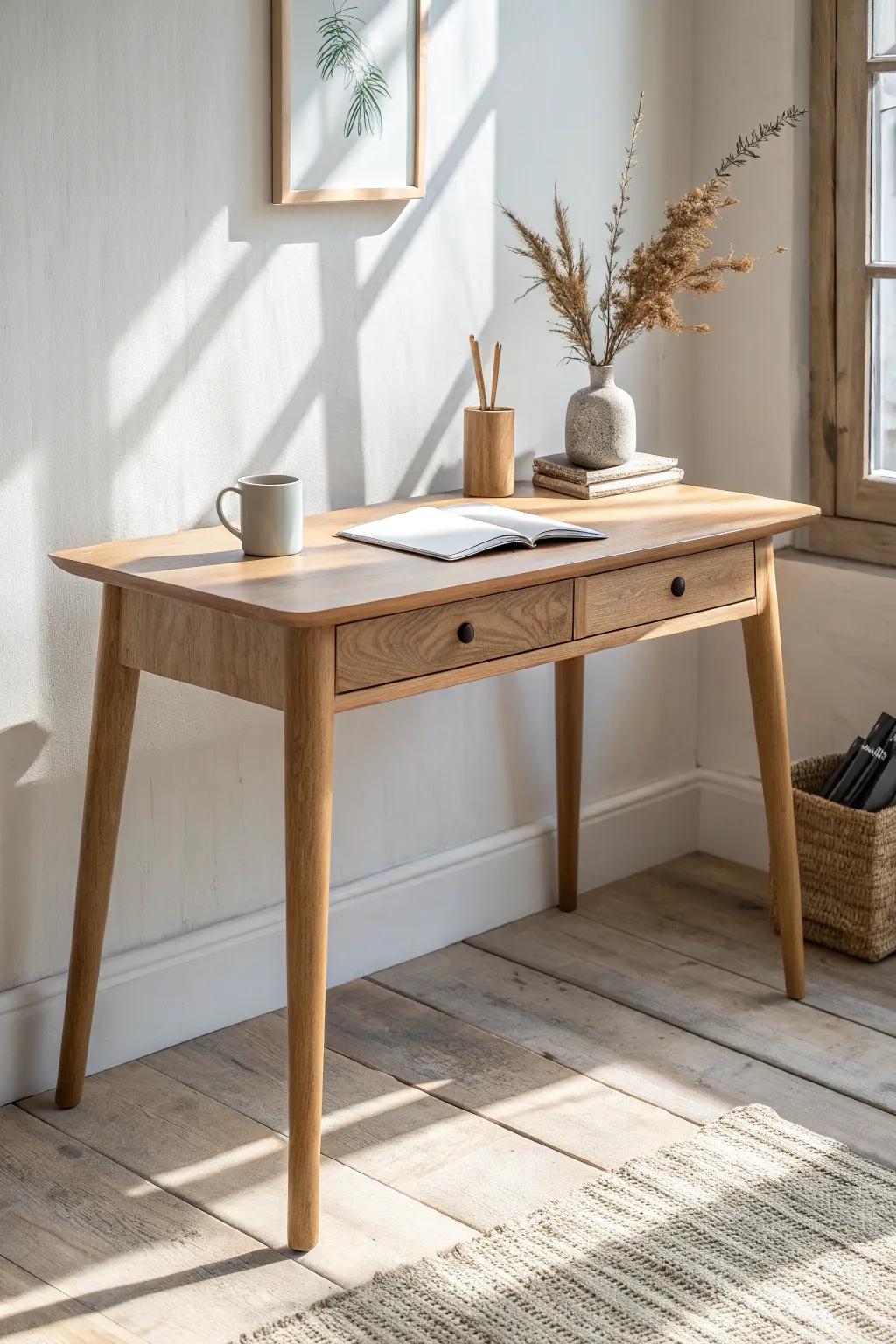 Slim oak writing desk with one drawer—airy, calm, and perfect for a minimalist work nook.