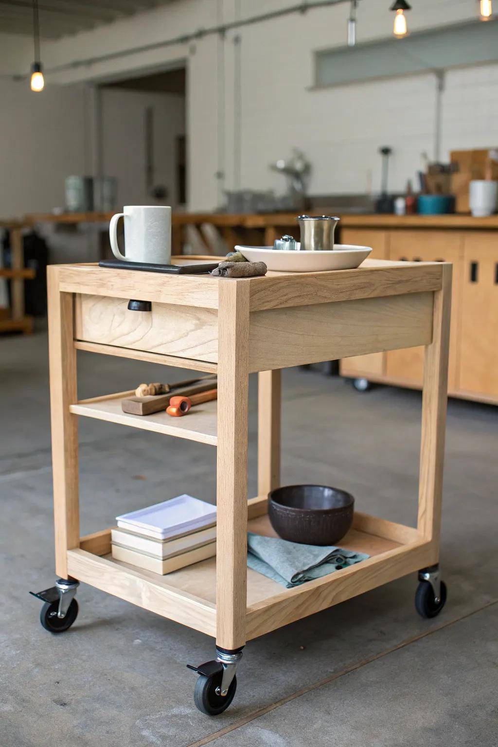 A flip-top rolling cart that switches from snack bar to project station—workshop meets lounge.