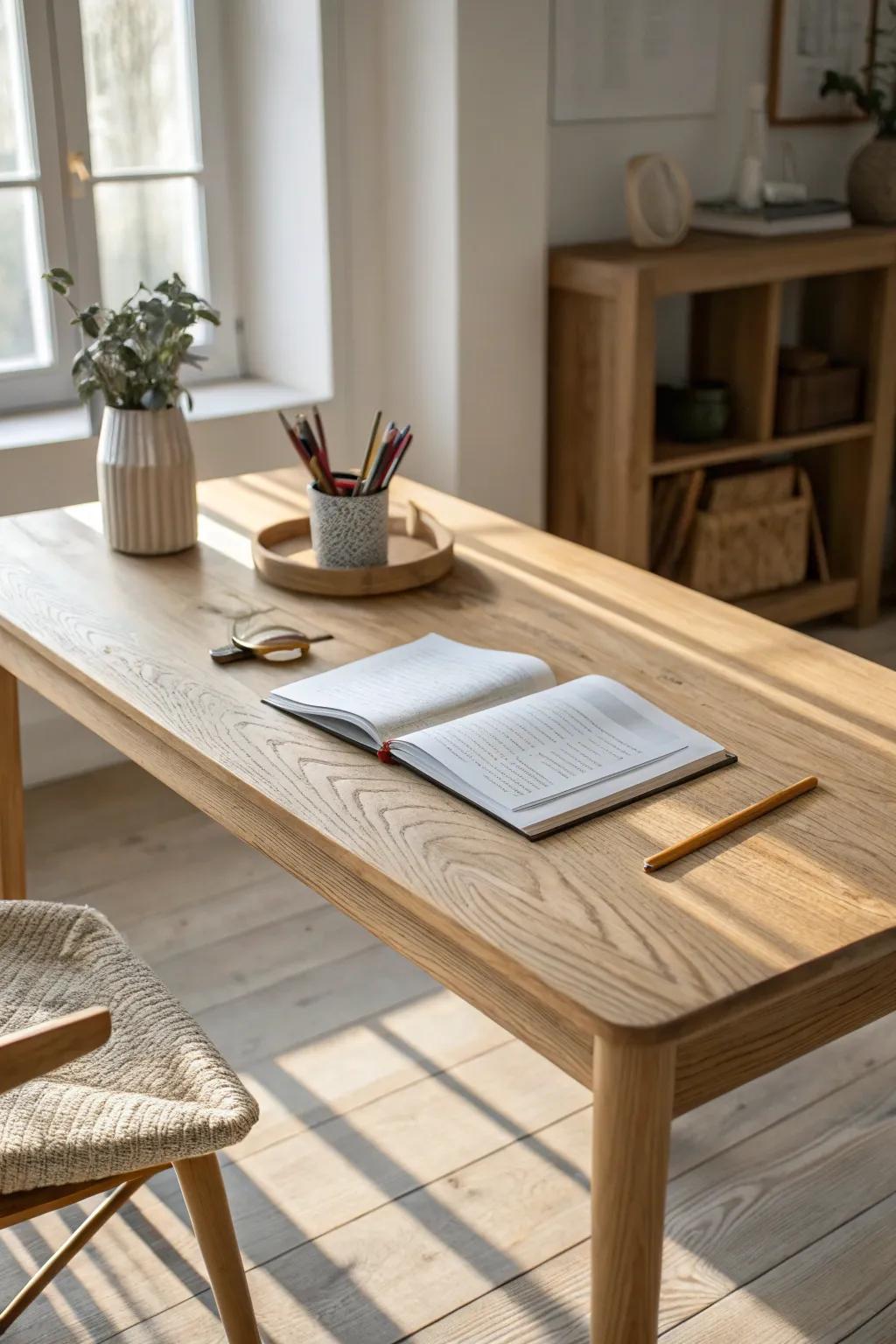 A calm homeschool studio: one big oak work table made for daily homework and creative mess.