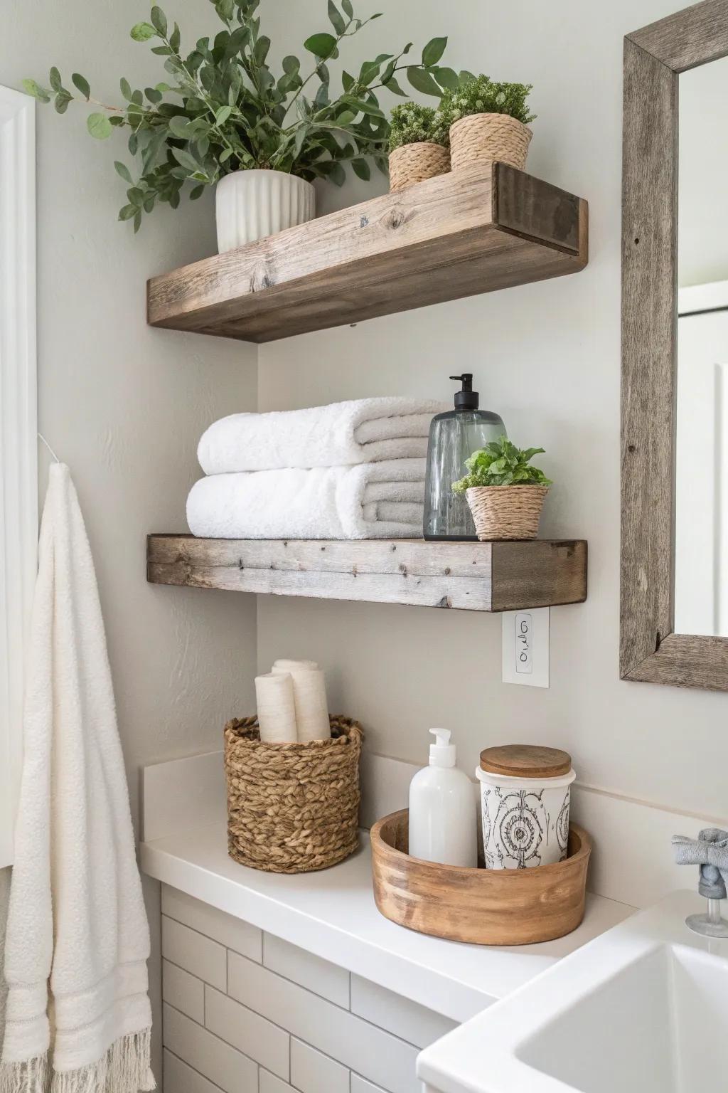 Elevate your bathroom's style with chic floating shelves—perfect for storage and adding a personal touch! 🌿✨ #DIYBathroom #ScandiBoho