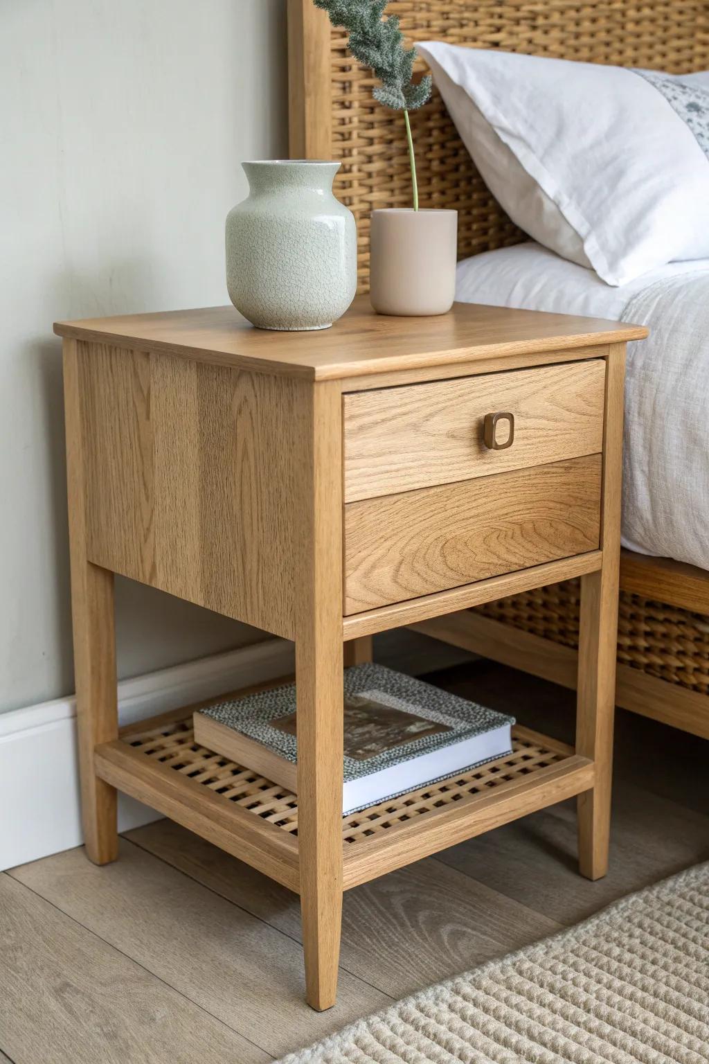 A slim oak nightstand with a shelf—perfect for those barely-there gaps beside the bed.
