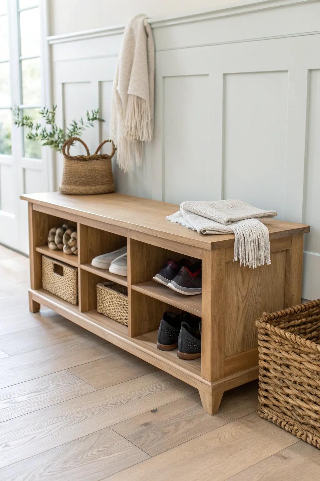 DIY mudroom bench with shoe cubbies—clean oak lines, calm entryway storage, daily lifesaver.
