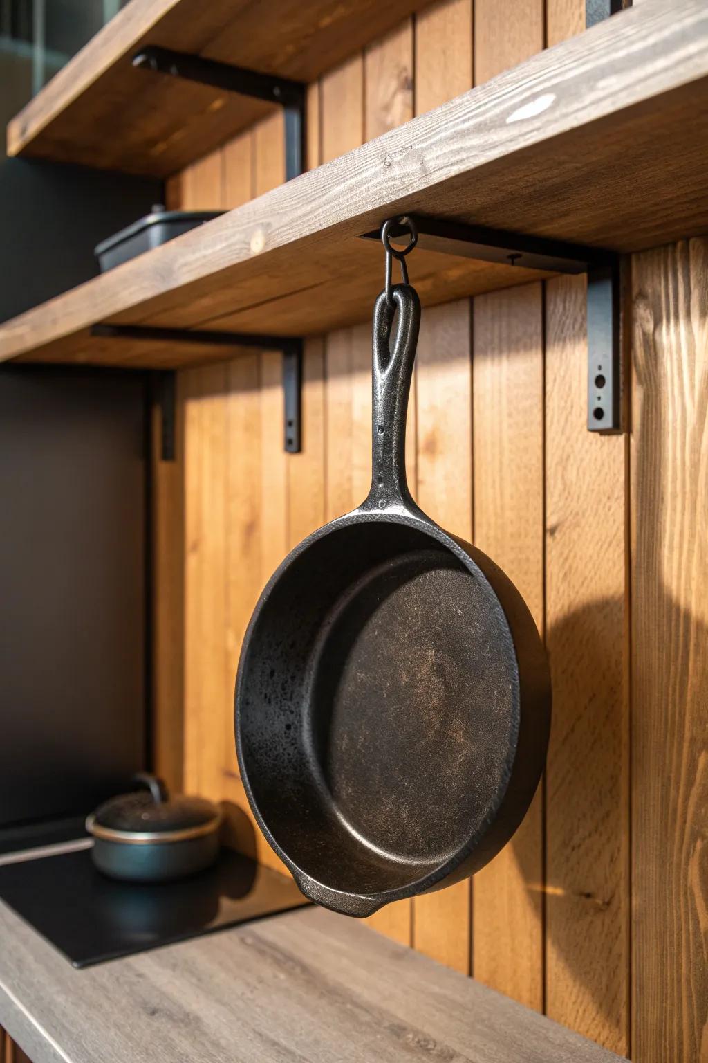 Elevate your kitchen style with elegant under-shelf hooks for your cast iron collection.