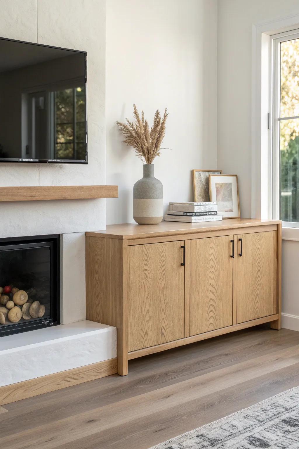 Light oak built-in cabinet under a side shelf—hidden storage that makes the fireplace wall feel calm.