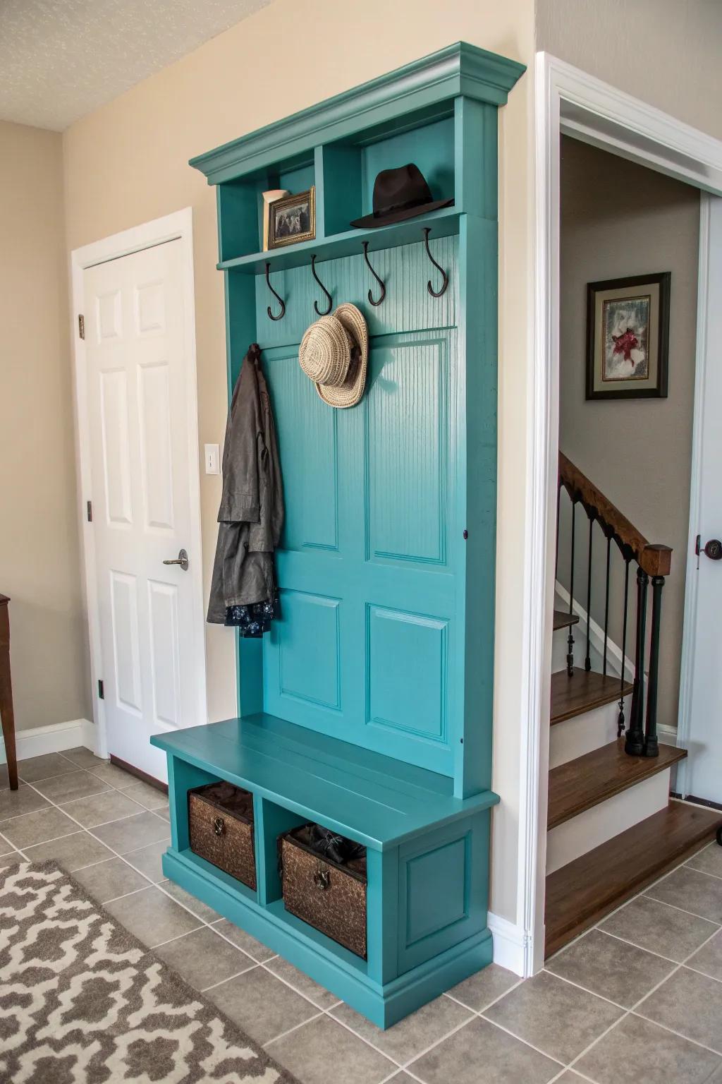 Transform your entryway with a pop of color—this teal hall tree is both functional and stylish.