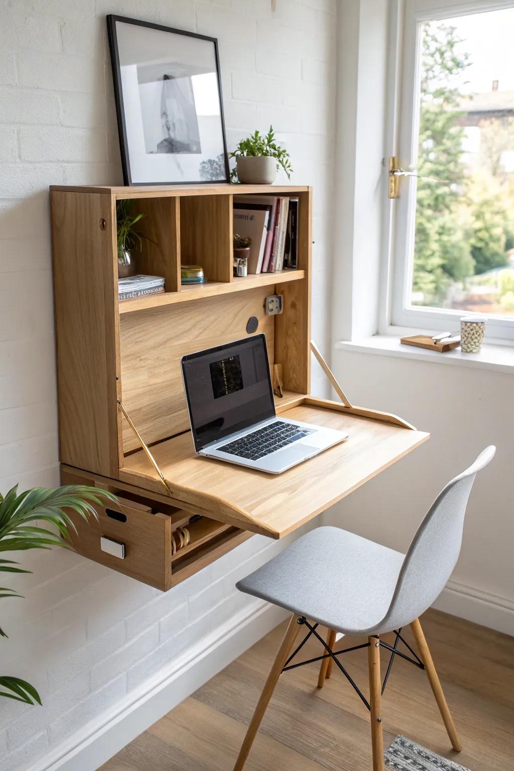 A floating-shelf look that folds down into a clean, space-saving Murphy desk with warm oak charm.