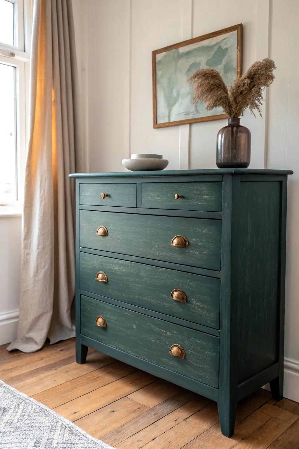 Deep moody painted dresser with warm wood accents—an easy DIY statement for a calm, cozy room.