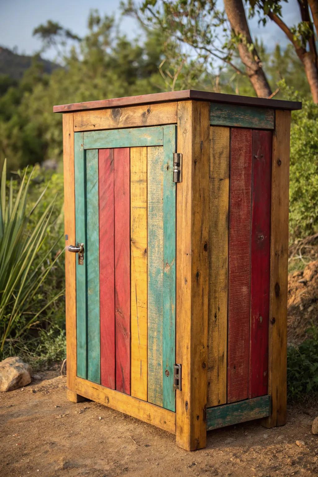 Unleash your creativity with colorful pallet cabinet doors for a stunning outdoor upgrade!