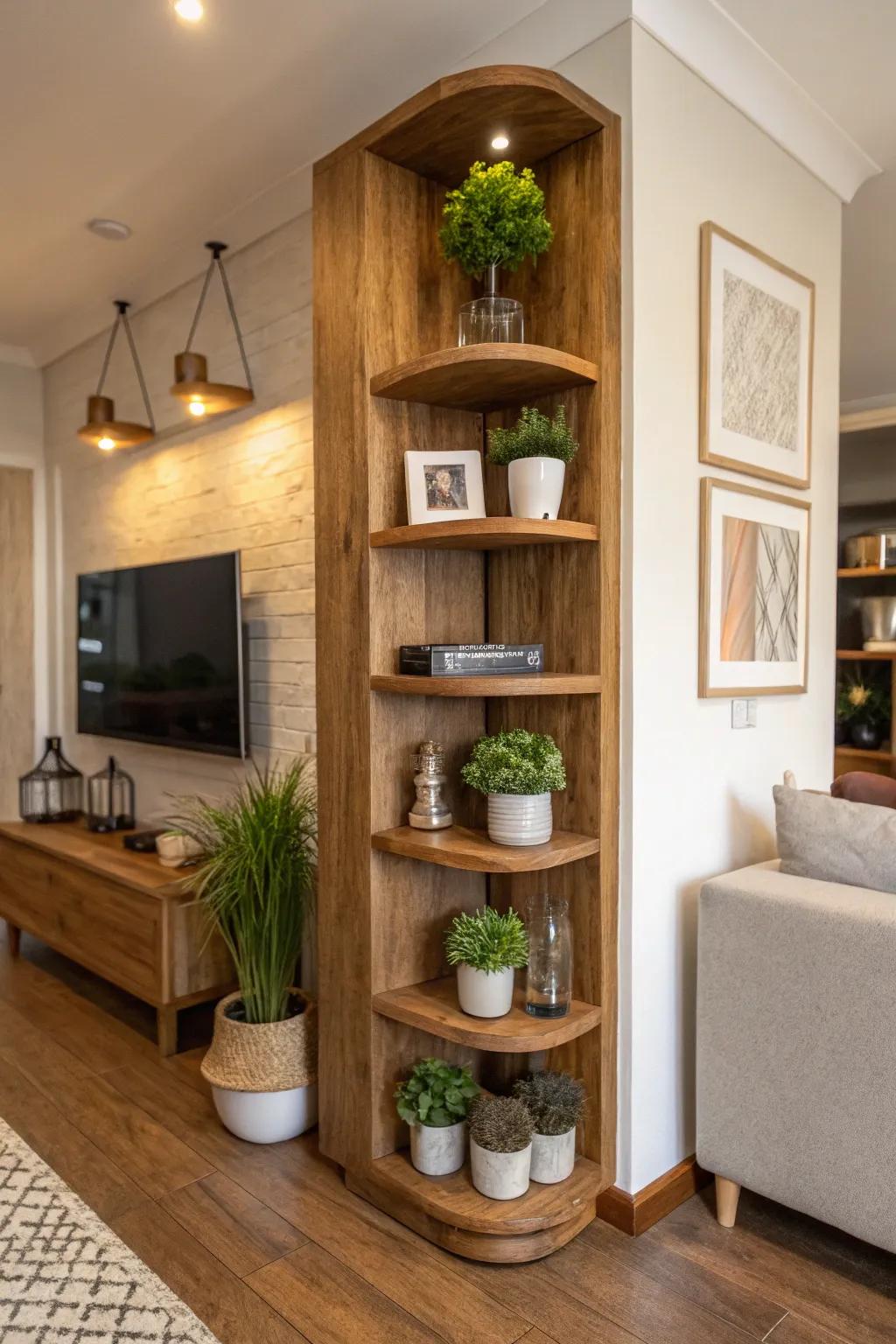 Transform overlooked spaces with stunning corner shelves that breathe life into every nook.