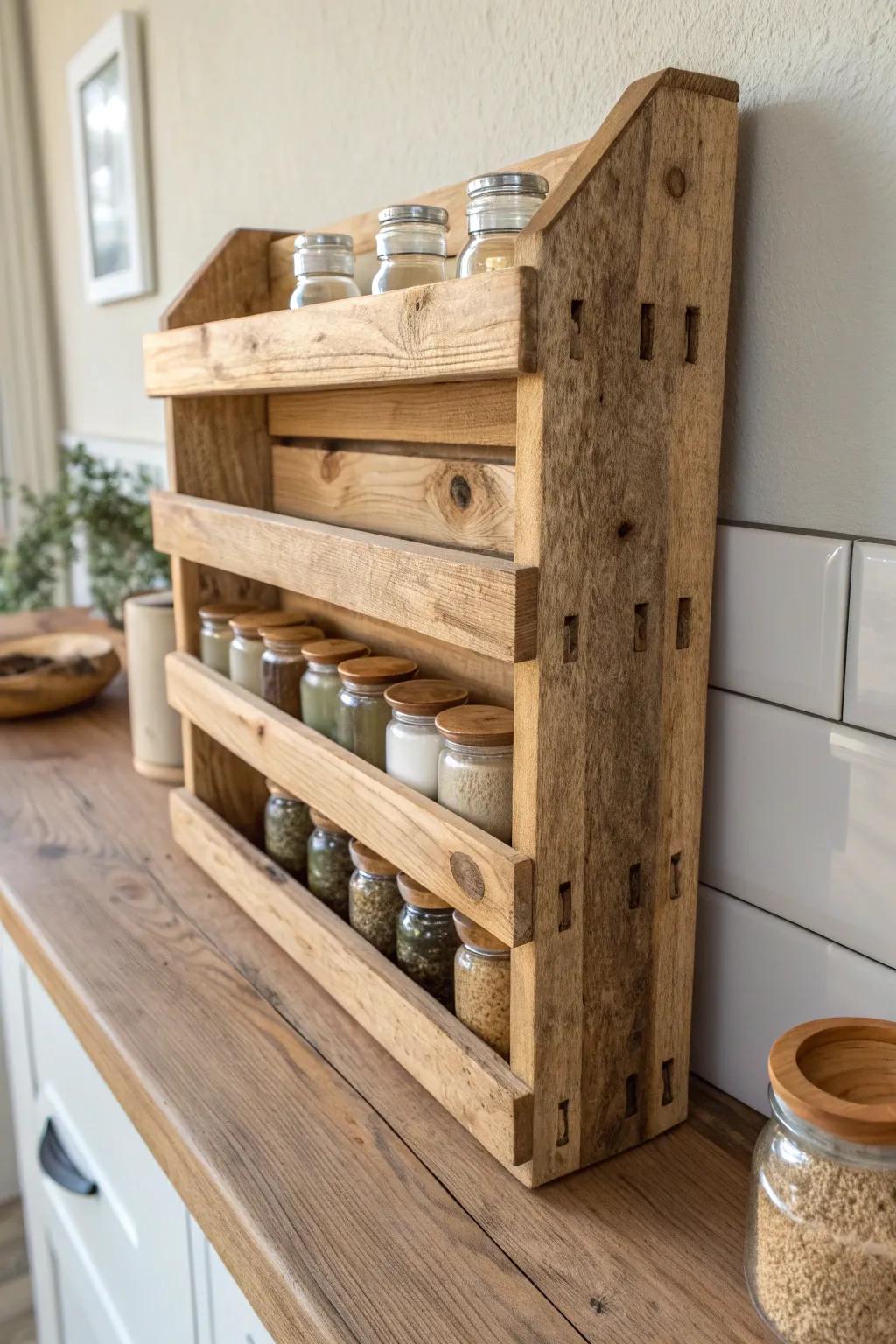 Rustic pallet wood spice rack with warm grain and nail-hole charm—simple, cozy, handmade.